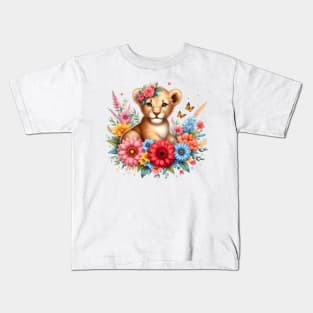 A baby lion decorated with beautiful colorful flowers. Kids T-Shirt